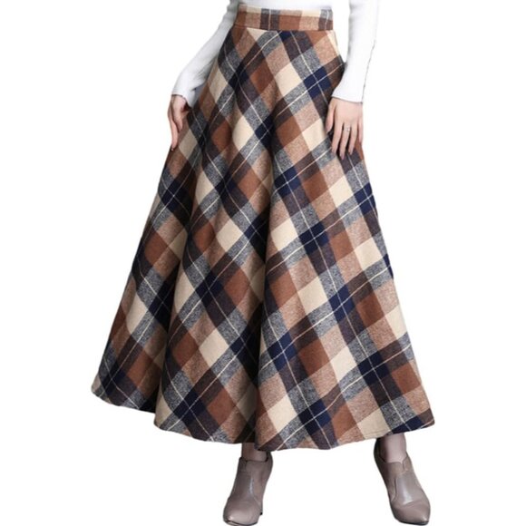Vintage-Inspired Women's Wool Plaid A-Line Skirt with Pockets for Winter Chic